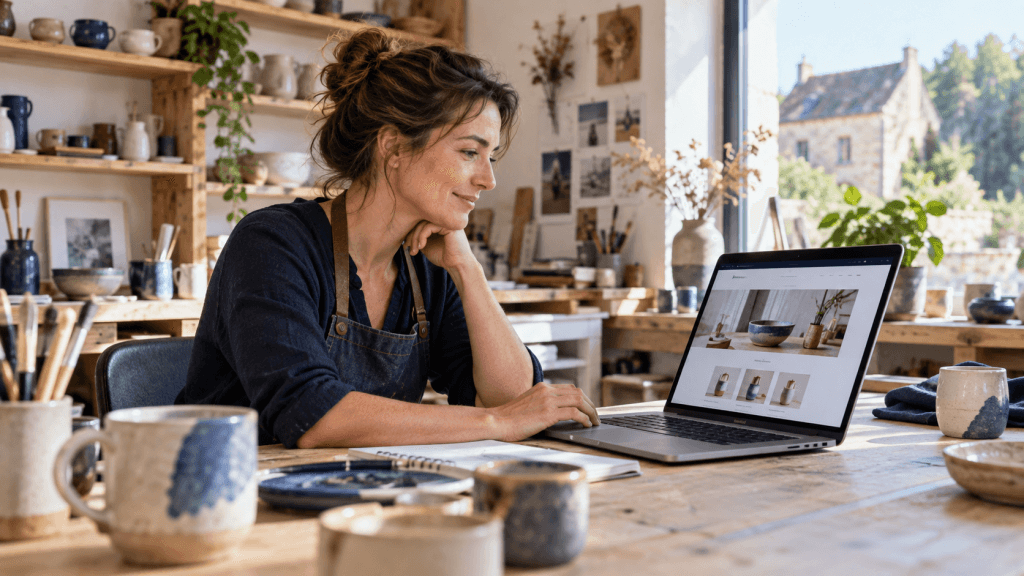 Artisane consultant son site internet professionnel dans son atelier