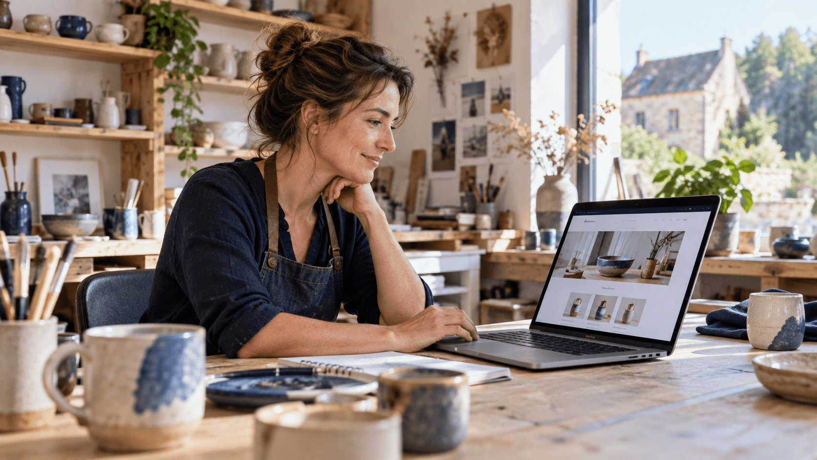 Artisane consultant son site internet professionnel dans son atelier
