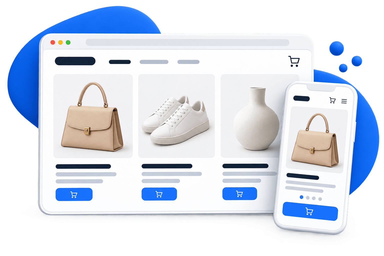 Illustration d’une boutique en ligne présentant des produits sur ordinateur et mobile.