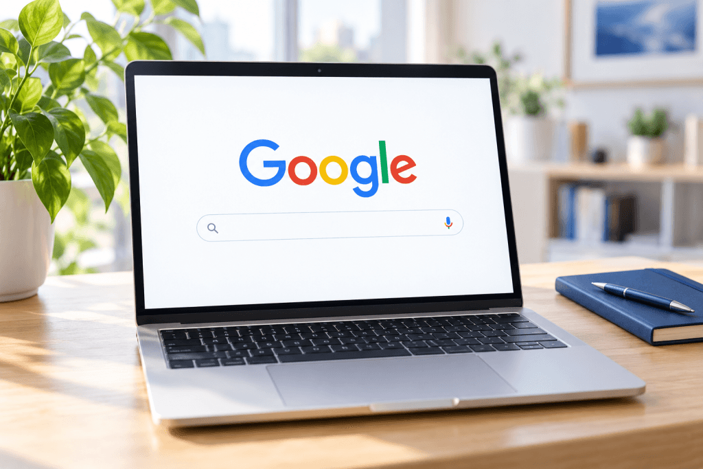 Ordinateur portable affichant la page de recherche Google sur un bureau lumineux.